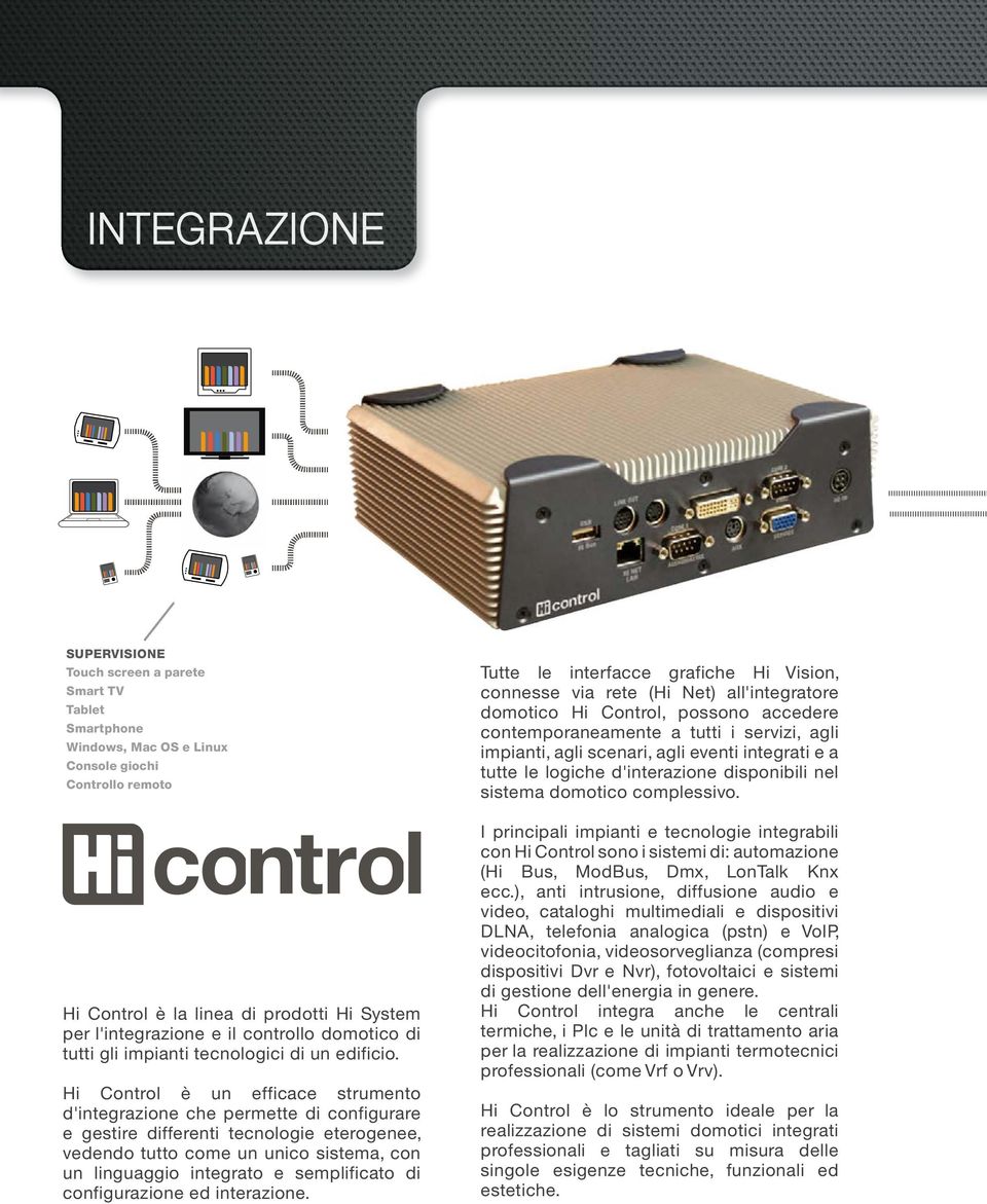Hi Control è un efficace strumento d'integrazione che permette di configurare e gestire differenti tecnologie eterogenee, vedendo tutto come un unico sistema, con un linguaggio integrato e