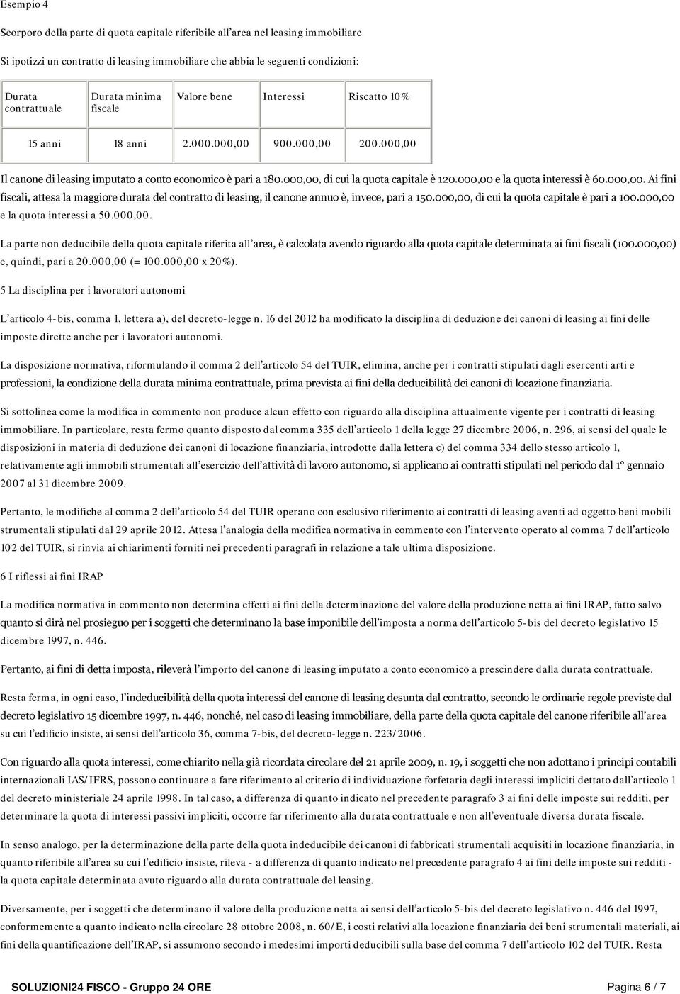 000,00 e la quota è 60.000,00. Ai fi fiscali, attesa la maggiore durata del contratto di leasg, il canone annuo è, vece, pari a 150.000,00, di cui la quota è pari a 100.000,00 e la quota a 50.000,00. La parte non deducibile della quota riferita all area, è calcolata avendo riguardo alla quota determata ai fi fiscali (100.