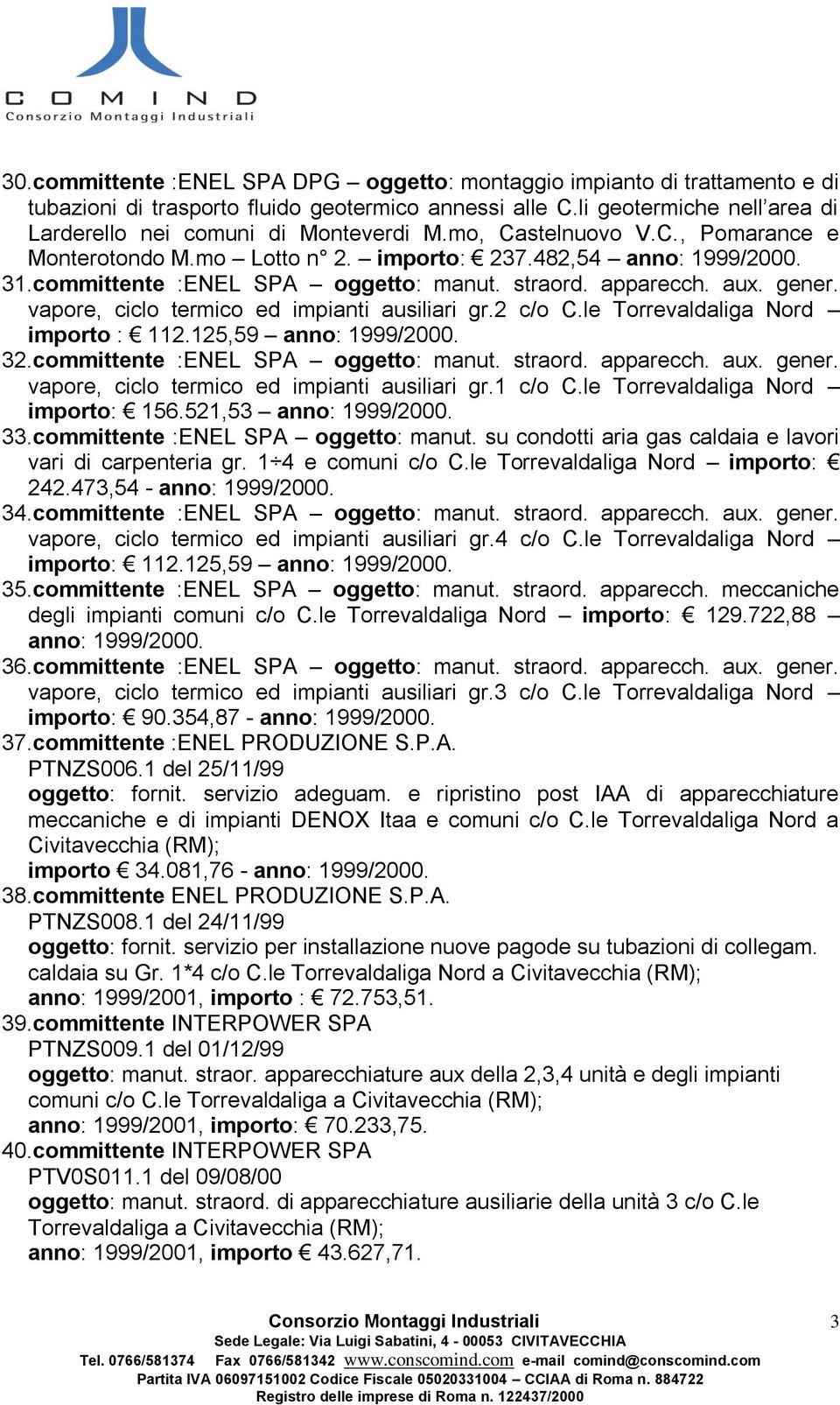 vapore, ciclo termico ed impianti ausiliari gr.2 c/o C.le Torrevaldaliga Nord importo : 112.125,59 anno: 1999/2000. 32.committente :ENEL SPA oggetto: manut. straord. apparecch. aux. gener.