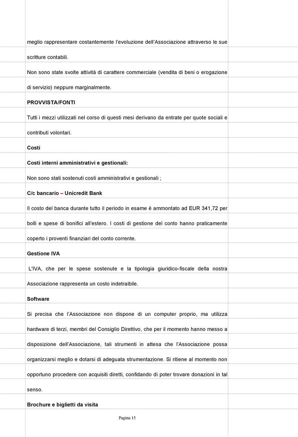 PROVVISTA/FONTI Tutti i mezzi utilizzati nel corso di questi mesi derivano da entrate per quote sociali e contributi volontari.