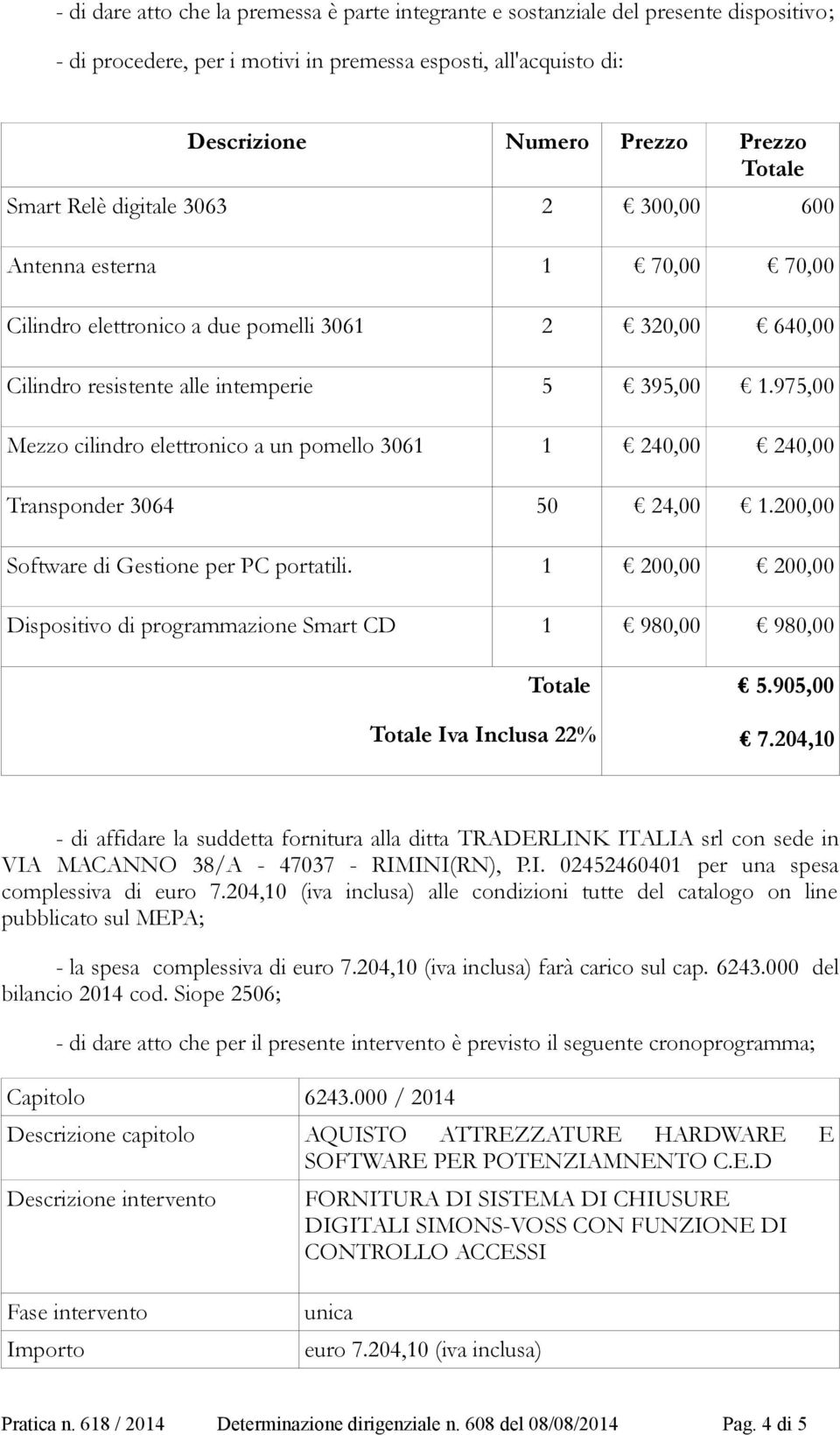 975,00 Mezzo cilindro elettronico a un pomello 3061 1 240,00 240,00 Transponder 3064 50 24,00 1.200,00 Software di Gestione per PC portatili.