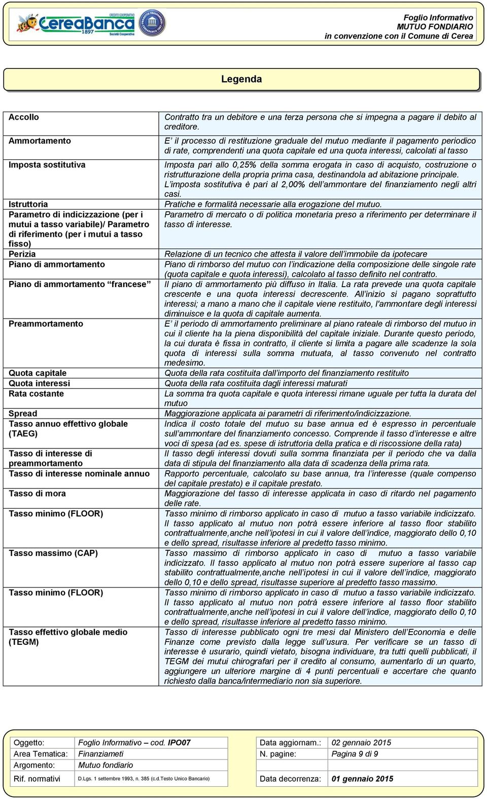 interesse nominale annuo Tasso di mora Tasso minimo (FLOOR) Contratto tra un debitore e una terza persona che si impegna a pagare il debito al creditore.