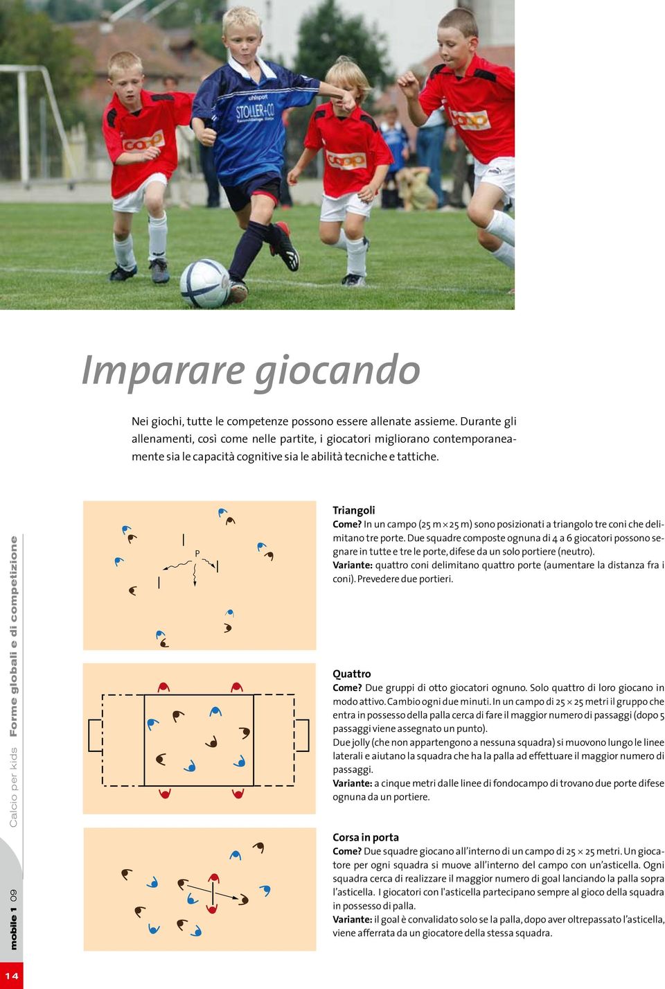 mobile 1 09 Calcio per kids Forme globali e di competizione P Triangoli Come? In un campo (25 m 25 m) sono posizionati a triangolo tre coni che delimitano tre porte.