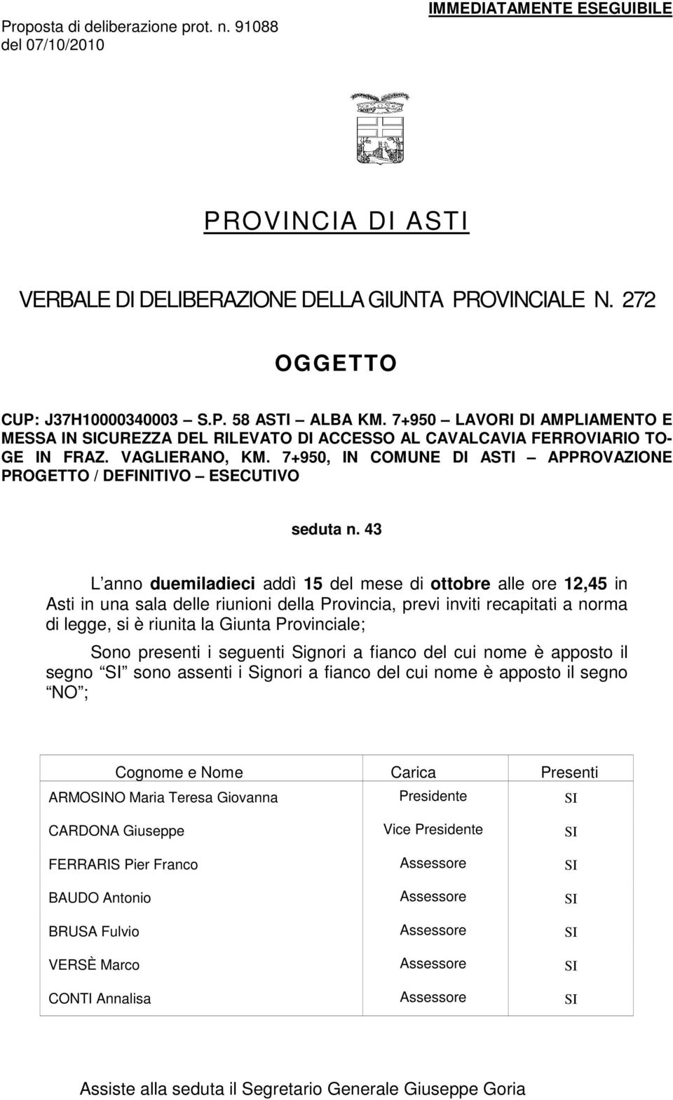 7+950, IN COMUNE DI ASTI APPROVAZIONE PROGETTO / DEFINITIVO ESECUTIVO seduta n.