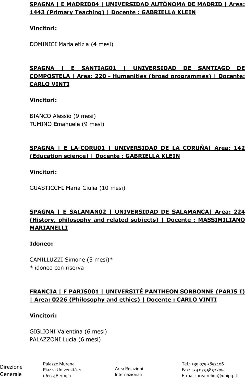 GABRIELLA KLEIN GUASTICCHI Maria Giulia (10 mesi) SPAGNA E SALAMAN02 UNIVERSIDAD DE SALAMANCA Area: 224 (History, philosophy and related subjects) Docente : MASSIMILIANO MARIANELLI Idoneo: