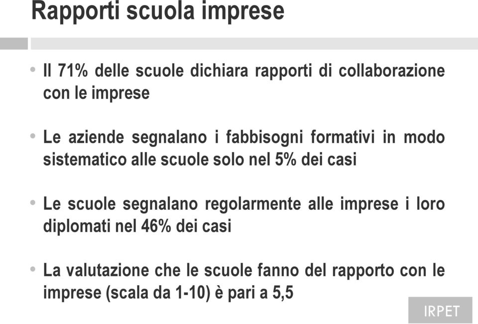 nel 5% dei casi Le scuole segnalano regolarmente alle imprese i loro diplomati nel 46% dei