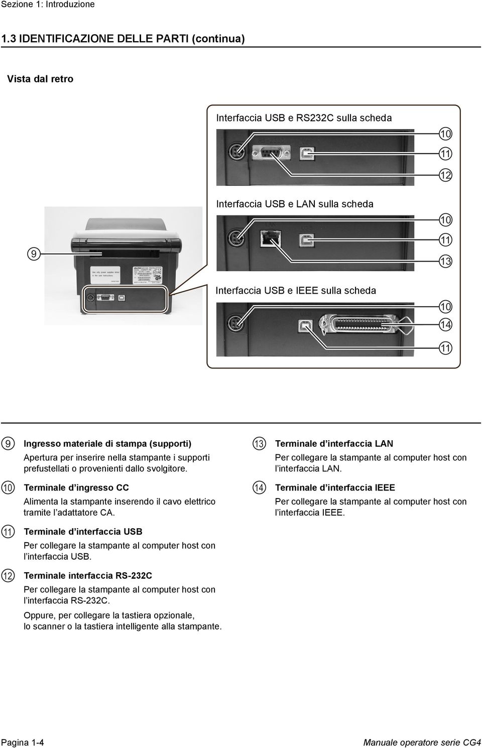 scheda 10 9 11 13 Interfaccia USB and IEEE USB interface e IEEE sulla on-board scheda 10 14 11 9 Ingresso materiale di stampa (supporti) Apertura per inserire nella stampante i supporti prefustellati