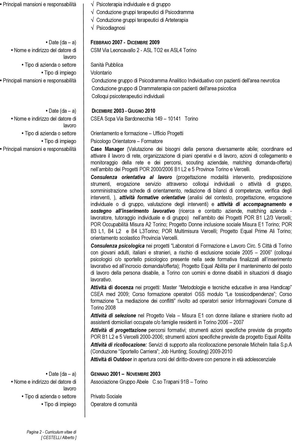 responsabilità Conduzione gruppo di Psicodramma Analitico Individuativo con pazienti dell'area nevrotica Conduzione gruppo di Drammaterapia con pazienti dell'area psicotica Colloqui psicoterapeutici