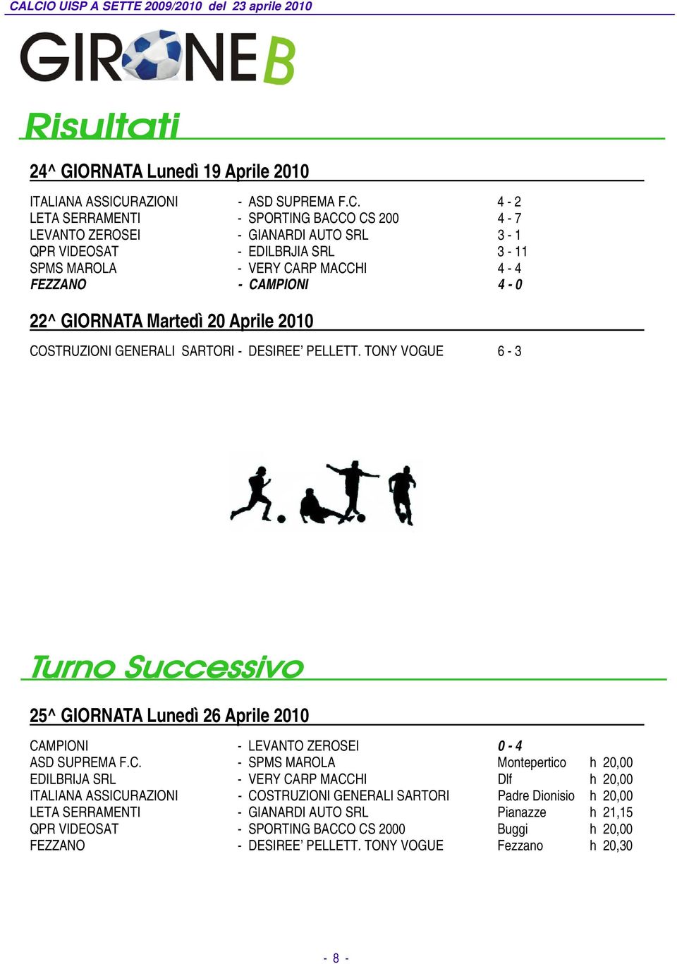 4-2 LETA SERRAMENTI - SPORTING BACCO CS 200 4-7 LEVANTO ZEROSEI - GIANARDI AUTO SRL 3-1 QPR VIDEOSAT - EDILBRJIA SRL 3-11 SPMS MAROLA - VERY CARP MACCHI 4-4 FEZZANO - CAMPIONI 4-0 22^