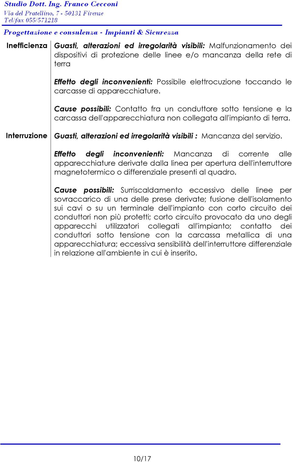 Mancanza di corrente alle apparecchiature derivate dalla linea per apertura dell'interruttore magnetotermico o differenziale presenti al quadro.