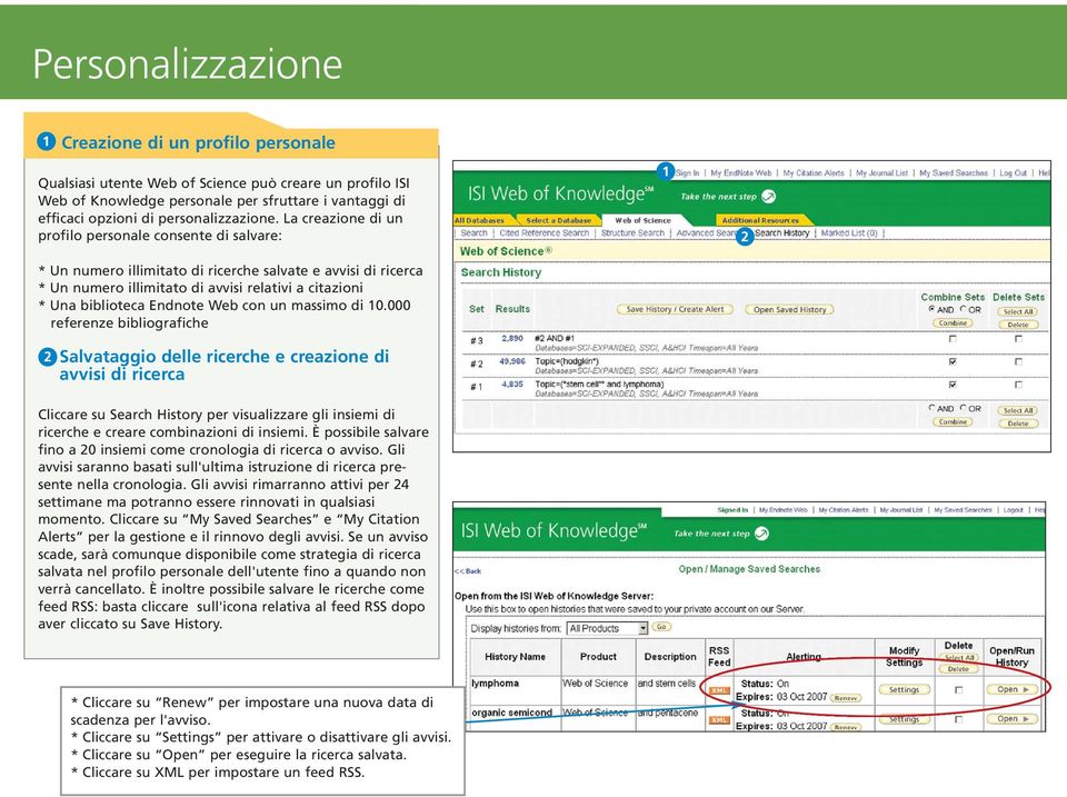 La creazione di un profilo personale consente di salvare: * Un numero illimitato di ricerche salvate e avvisi di ricerca * Un numero illimitato di avvisi relativi a citazioni * Una biblioteca Endnote