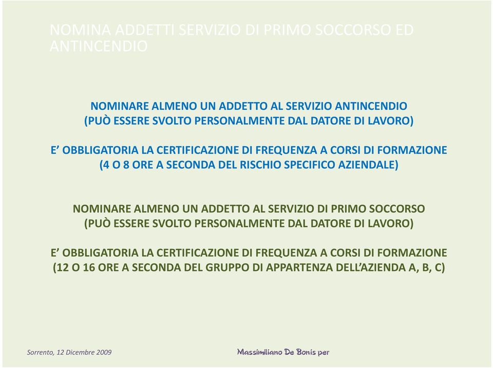 RISCHIO SPECIFICO AZIENDALE) NOMINARE ALMENO UN ADDETTO AL SERVIZIO DI PRIMO SOCCORSO (PUÒ ESSERE SVOLTO PERSONALMENTE DAL DATORE DI