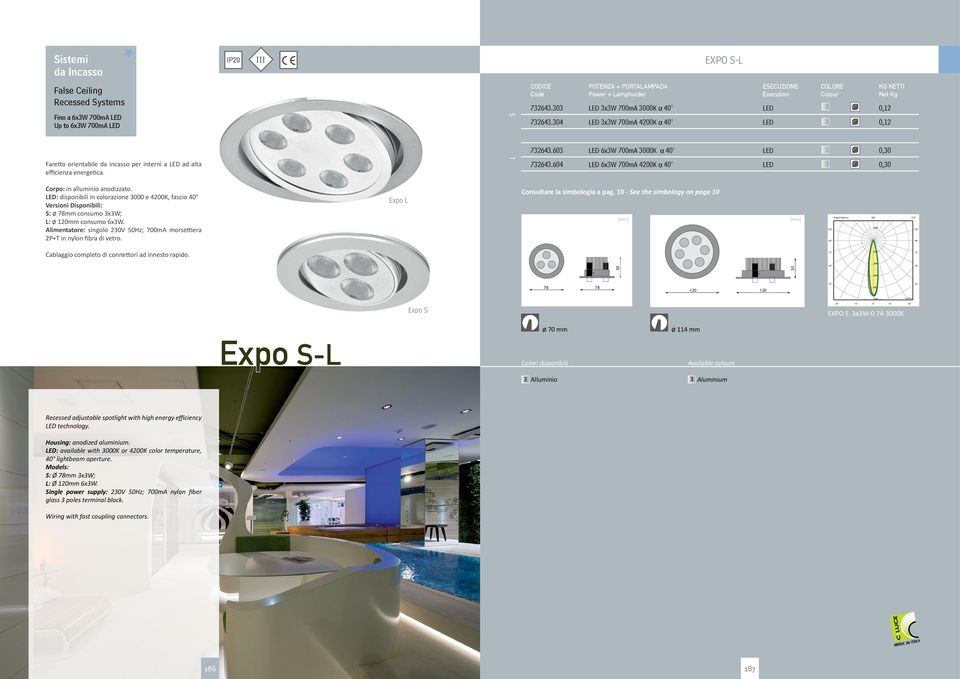 604 LED 6x3W 0mA 4K α 40 LED 0,30 Corpo: in alluminio anodizzato. LED: disponibili in colorazione 3000 e 4K, fascio 40 Versioni Disponibili: S: 78mm consumo 3x3W; L: 120mm consumo 6x3W.