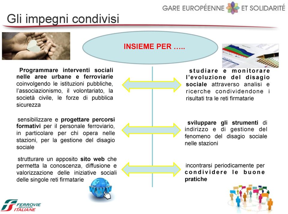 sensibilizzare e progettare percorsi formativi per il personale ferroviario, in particolare per chi opera nelle stazioni, per la gestione del disagio sociale strutturare un apposito sito web che