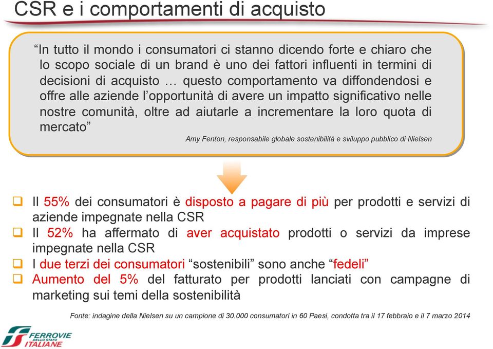 responsabile globale sostenibilità e sviluppo pubblico di Nielsen q Il 55% dei consumatori è disposto a pagare di più per prodotti e servizi di aziende impegnate nella CSR q Il 52% ha affermato di