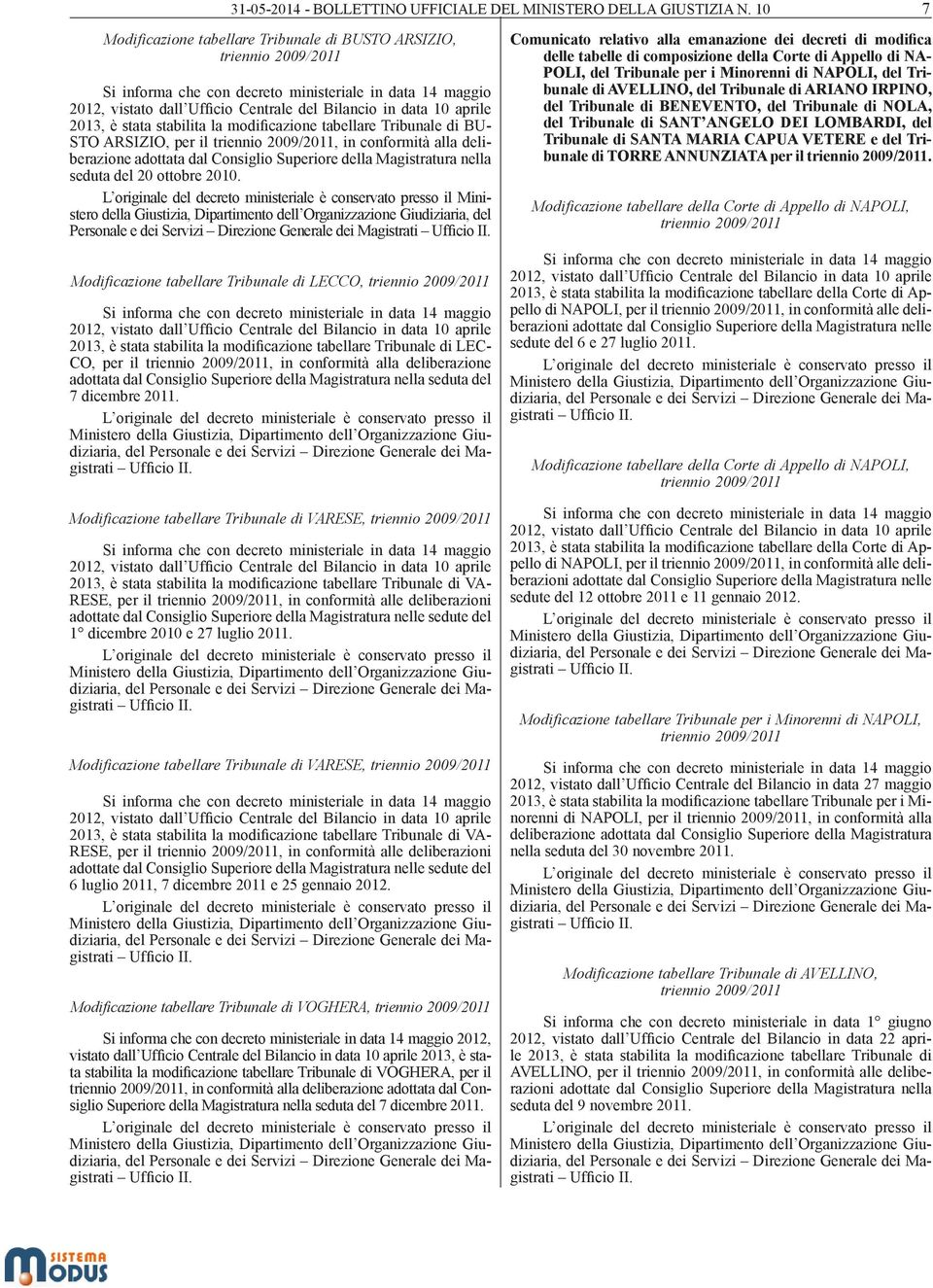 stabilita la modificazione tabellare Tribunale di BU- STO ARSIZIO, per il, in conformità alla deliberazione adottata dal Consiglio Superiore della Magistratura nella seduta del 20 ottobre 2010.