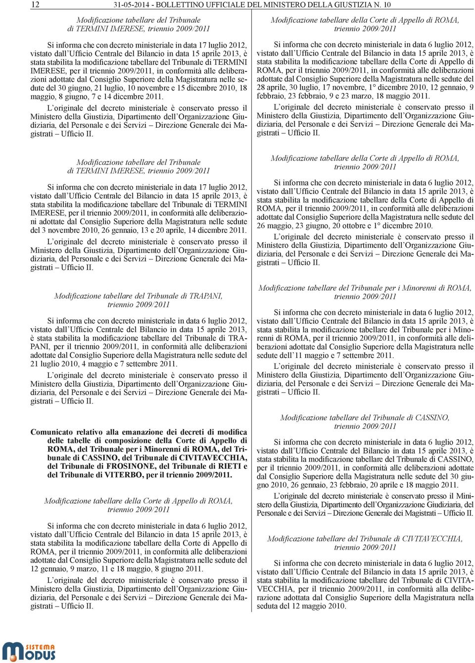 stabilita la modificazione tabellare del Tribunale di TERMINI IMERESE, per il, in conformità alle deliberazioni adottate dal Consiglio Superiore della Magistratura nelle sedute del 30 giugno, 21