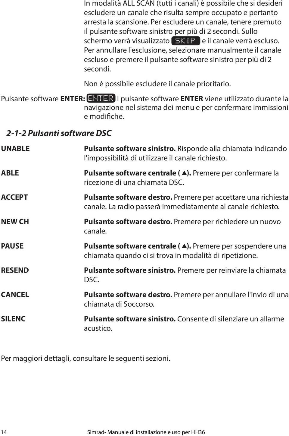 Per annullare l'esclusione, selezionare manualmente il canale escluso e premere il pulsante software sinistro per più di 2 secondi. Non è possibile escludere il canale prioritario.