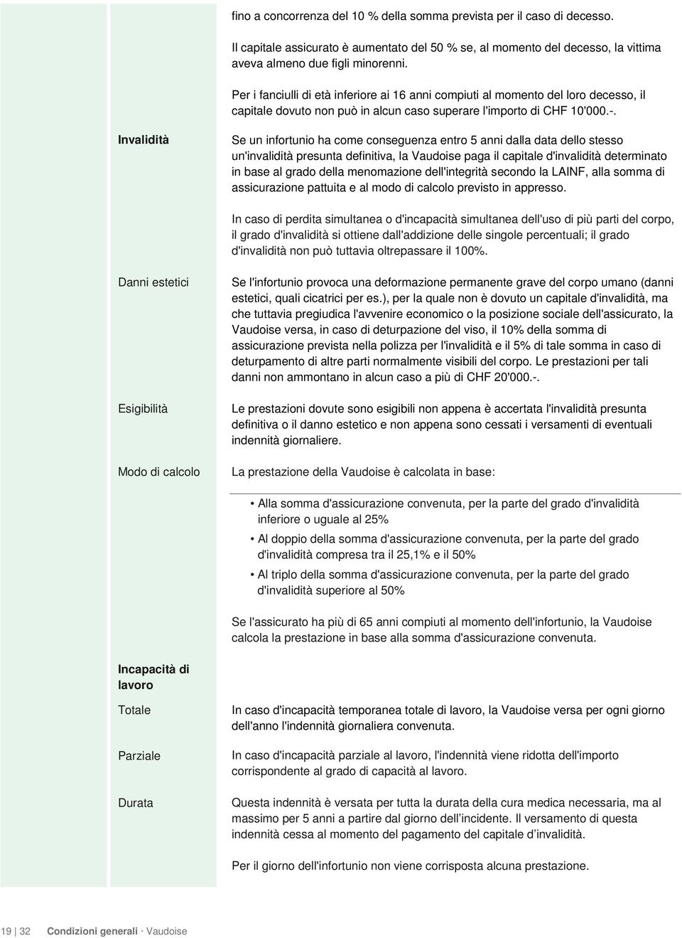 Invalidità Se un infortunio ha come conseguenza entro 5 anni dalla data dello stesso un'invalidità presunta definitiva, la Vaudoise paga il capitale d'invalidità determinato in base al grado della