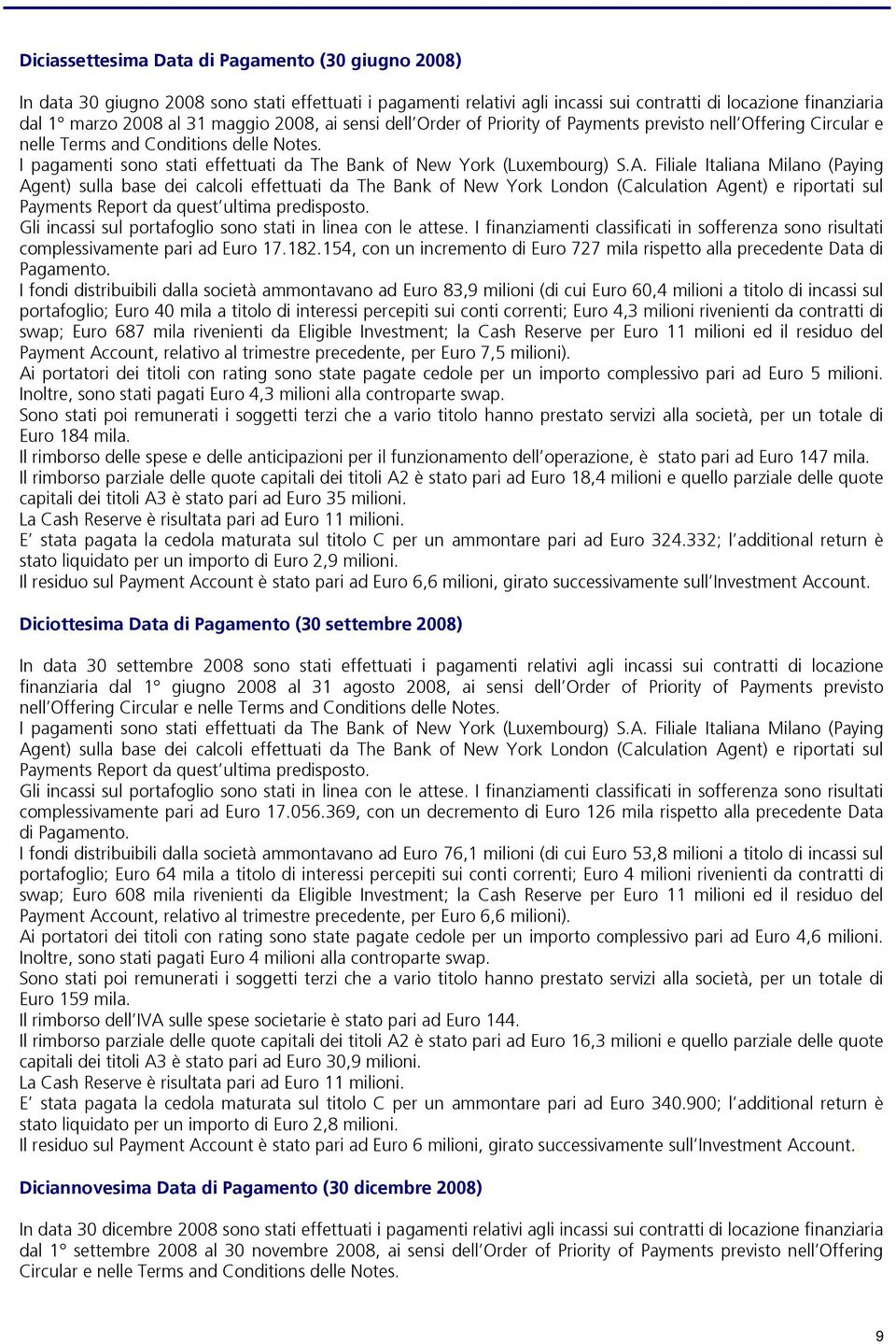 Filiale Italiana Milano (Paying Agent) sulla base dei calcoli effettuati da The Bank of New York London (Calculation Agent) e riportati sul Payments Report da quest ultima predisposto.