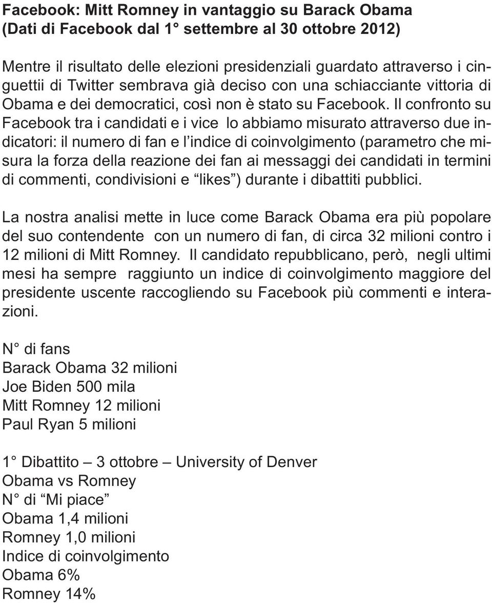 Il confronto su Facebook tra i candidati e i vice lo abbiamo misurato attraverso due indicatori: il numero di fan e l indice di coinvolgimento (parametro che misura la forza della reazione dei fan ai