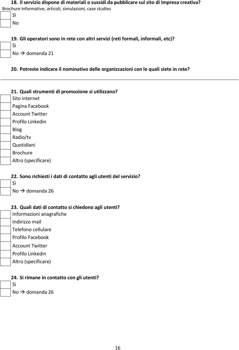 Sito internet Pagina Facebook Account Twitter Profilo Linkedin Blog Radio/tv Quotidiani Brochure 22. Sono richiesti i dati di contatto agli utenti del servizio? No domanda 26 23.