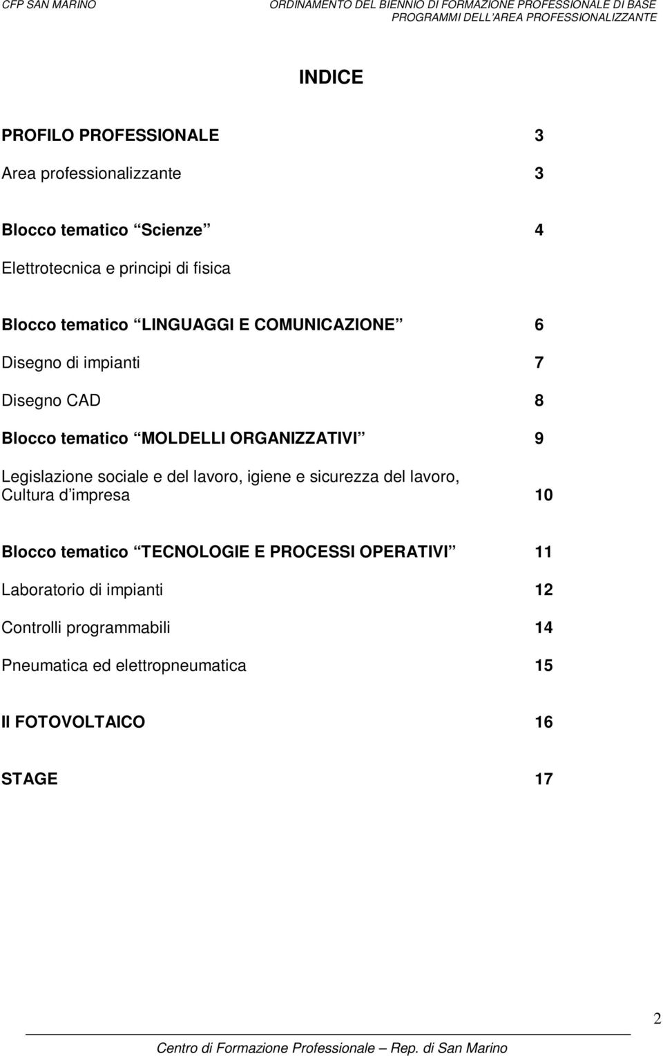 Legislazione sociale e del lavoro, igiene e sicurezza del lavoro, Cultura d impresa 10 Blocco tematico TECNOLOGIE E PROCESSI