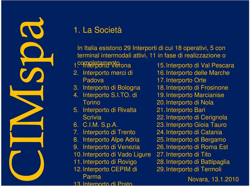 Interporto di Vado Ligure 11.Interporto di Rovigo 12.Interporto CEPIM di Parma 15.Interporto di Val Pescara 16.Interporto delle Marche 17.Interporto Orte 18.Interporto di Frosinone 19.