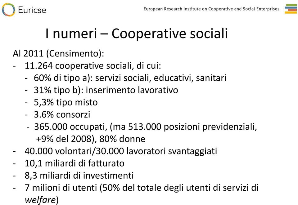 lavorativo - 5,3% tipo misto - 3.6% consorzi - 365.000 occupati, (ma 513.