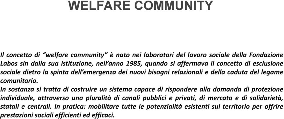 In sostanza si tratta di costruire un sistema capace di rispondere alla domanda di protezione individuale, attraverso una pluralità di canali pubblici e privati,