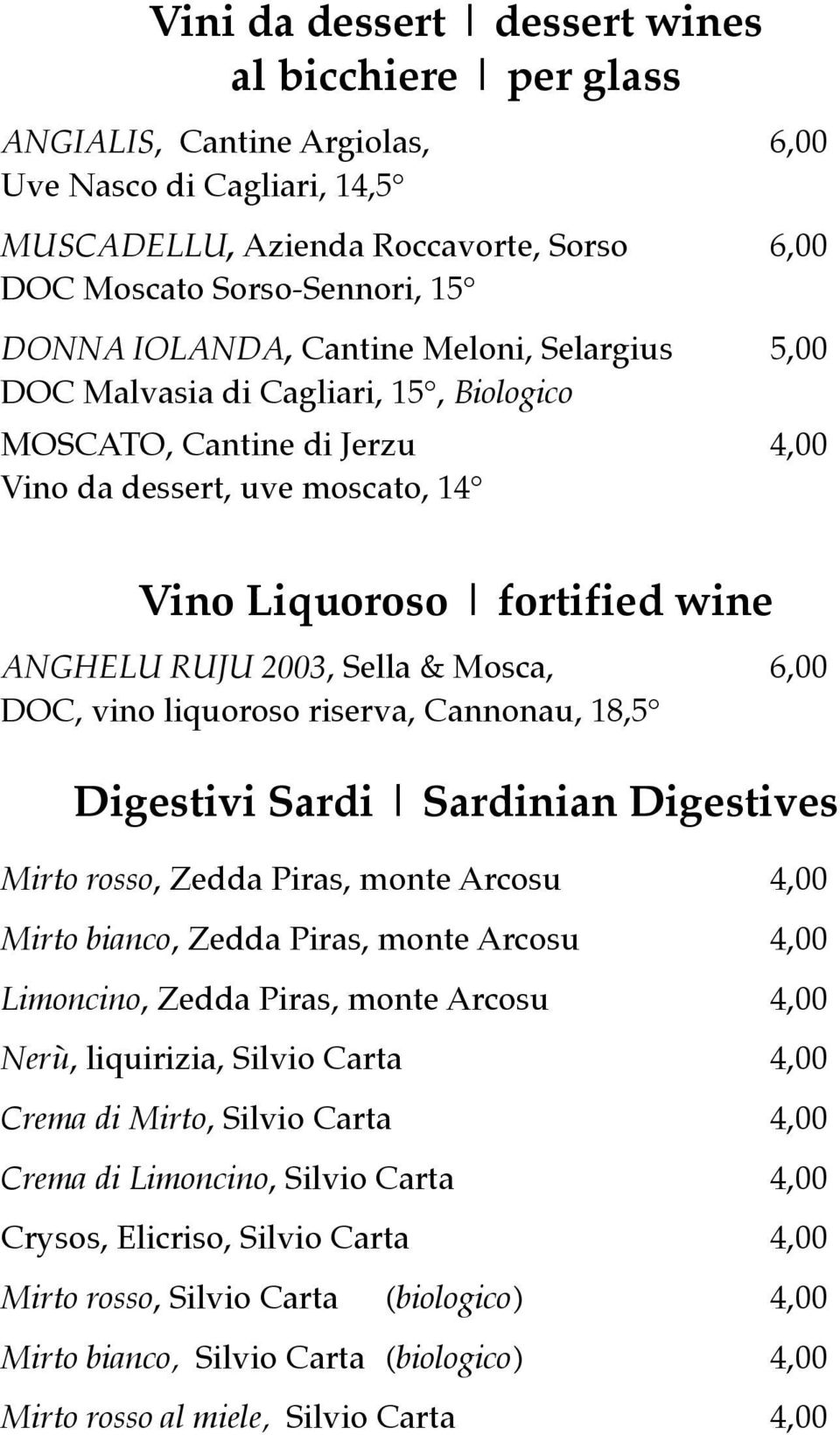 & Mosca, 6,00 DOC, vino liquoroso riserva, Cannonau, 18,5 Digestivi Sardi Sardinian Digestives Mirto rosso, Zedda Piras, monte Arcosu 4,00 Mirto bianco, Zedda Piras, monte Arcosu 4,00 Limoncino,