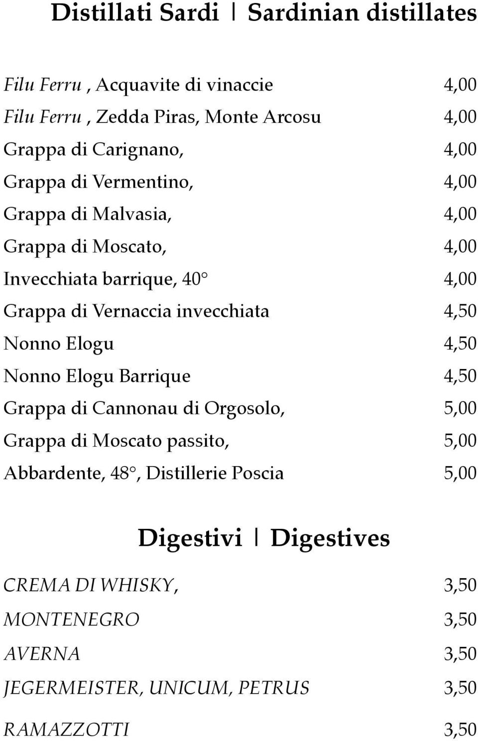 Vernaccia invecchiata 4,50 Nonno Elogu 4,50 Nonno Elogu Barrique 4,50 Grappa di Cannonau di Orgosolo, 5,00 Grappa di Moscato passito, 5,00