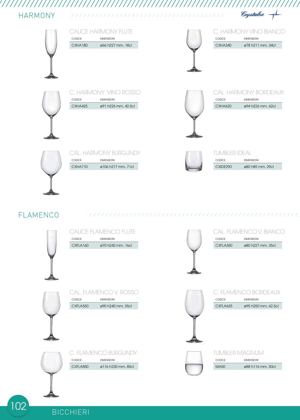 HARMOY BURGUDY TUMBLER IDEAL CXHA710 ø106 h217 mm, 71cl CXIDE290 ø80 h85 mm, 29cl FLAMECO CALICE FLAMECO FLUTE CAL. FLAMECO V.