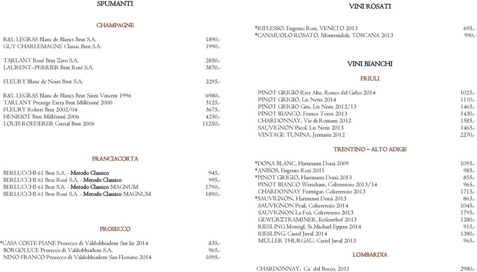 ROEDERER Cristal Brut 2006 11250,- FRANCIACORTA BERLUCCHI 61 Brut S.A. - Metodo Classico 945,- BERLUCCHI 61 Brut Rosé S.A. - Metodo Classico 995,- BERLUCCHI 61 Brut S.A. - Metodo Classico MAGNUM 1790,- BERLUCCHI 61 Brut Rosé S.