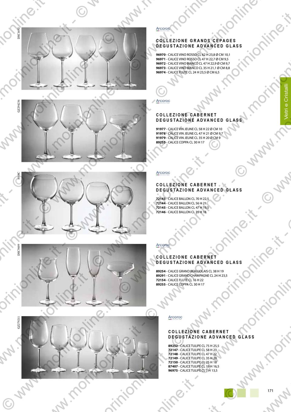 CALICE VINO BIANCO CL 47 H 22,9 Ø CM 9,7 96973 - CALICE VINO BIANCO CL 35 H 21,1 Ø CM 8,8 96974 - CALICE FLUTE CL 24 H 23,5 Ø CM 6,5 COLLEZIONE CABERNET DEGUSTAZIONE ADVANCED GLASS 91977 - CALICE VIN