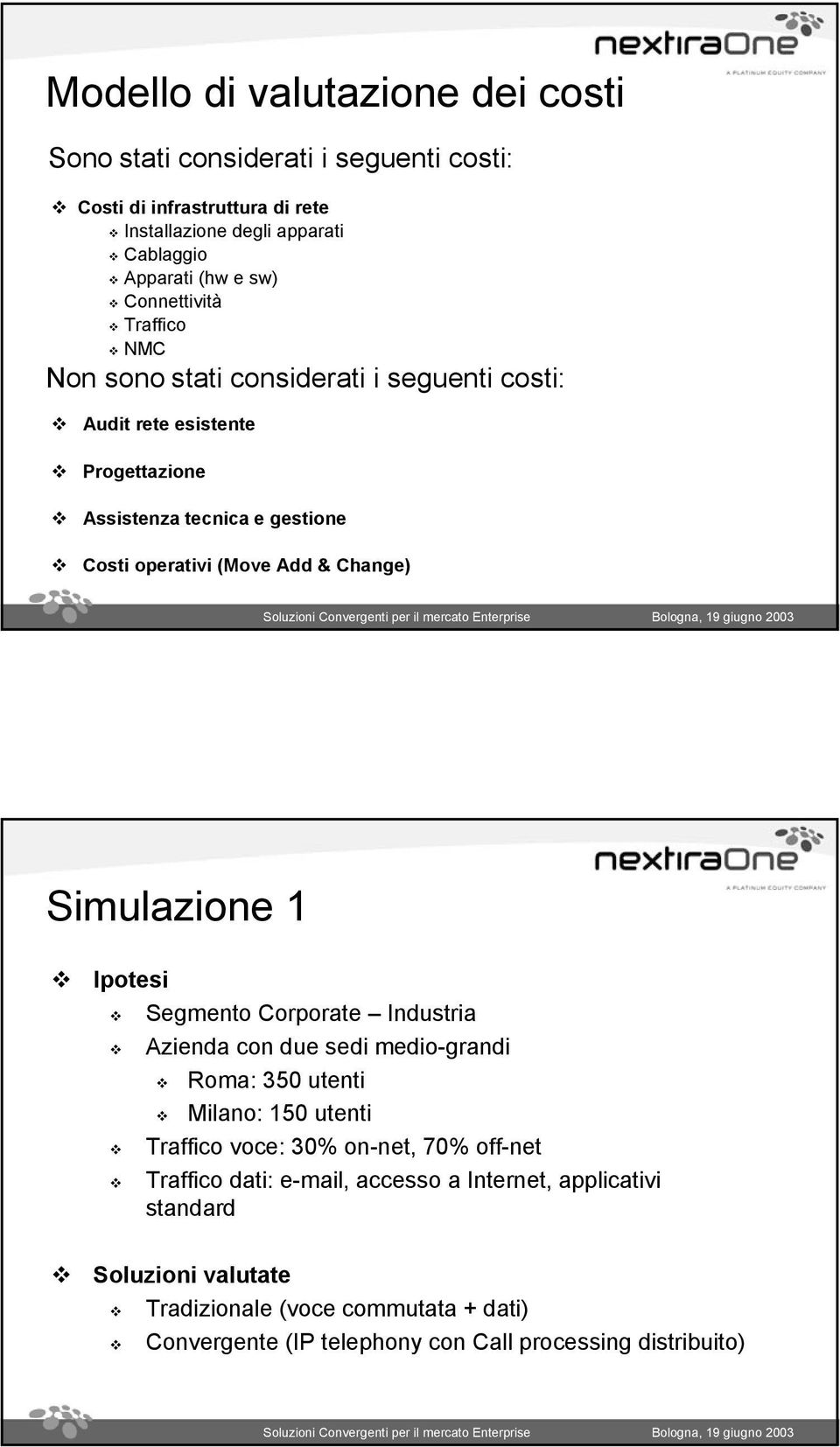 Change) Simulazione 1 Ipotesi Segmento Corporate Industria Azienda con due sedi medio-grandi Roma: 350 utenti Milano: 150 utenti Traffico voce: 30% on-net, 70% off-net