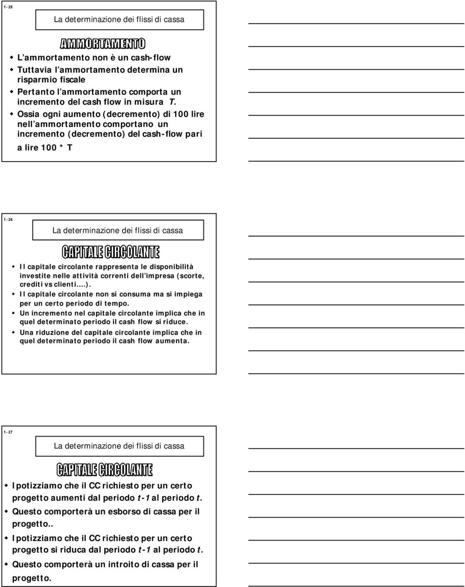 Ossia ogni aumento (decremento) di 100 lire nell ammortamento comportano un incremento (decremento) del cash-flow pari a lire 100 * T 1-26 La determinazione dei flissi di cassa Il capitale circolante