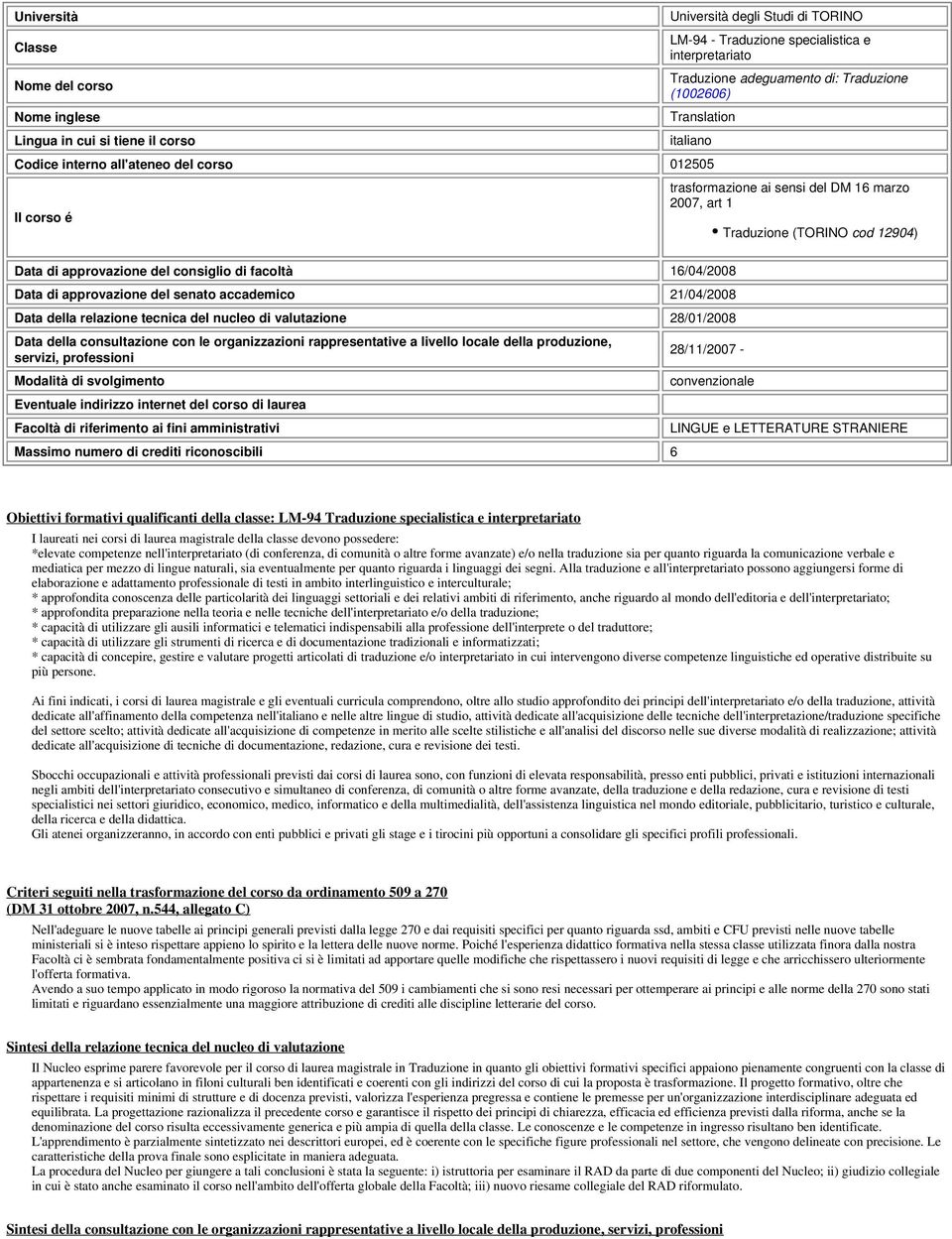 consiglio di facoltà 16/04/2008 Data di approvazione del senato accademico 21/04/2008 Data della relazione tecnica del nucleo di valutazione 28/01/2008 Data della consultazione con le organizzazioni