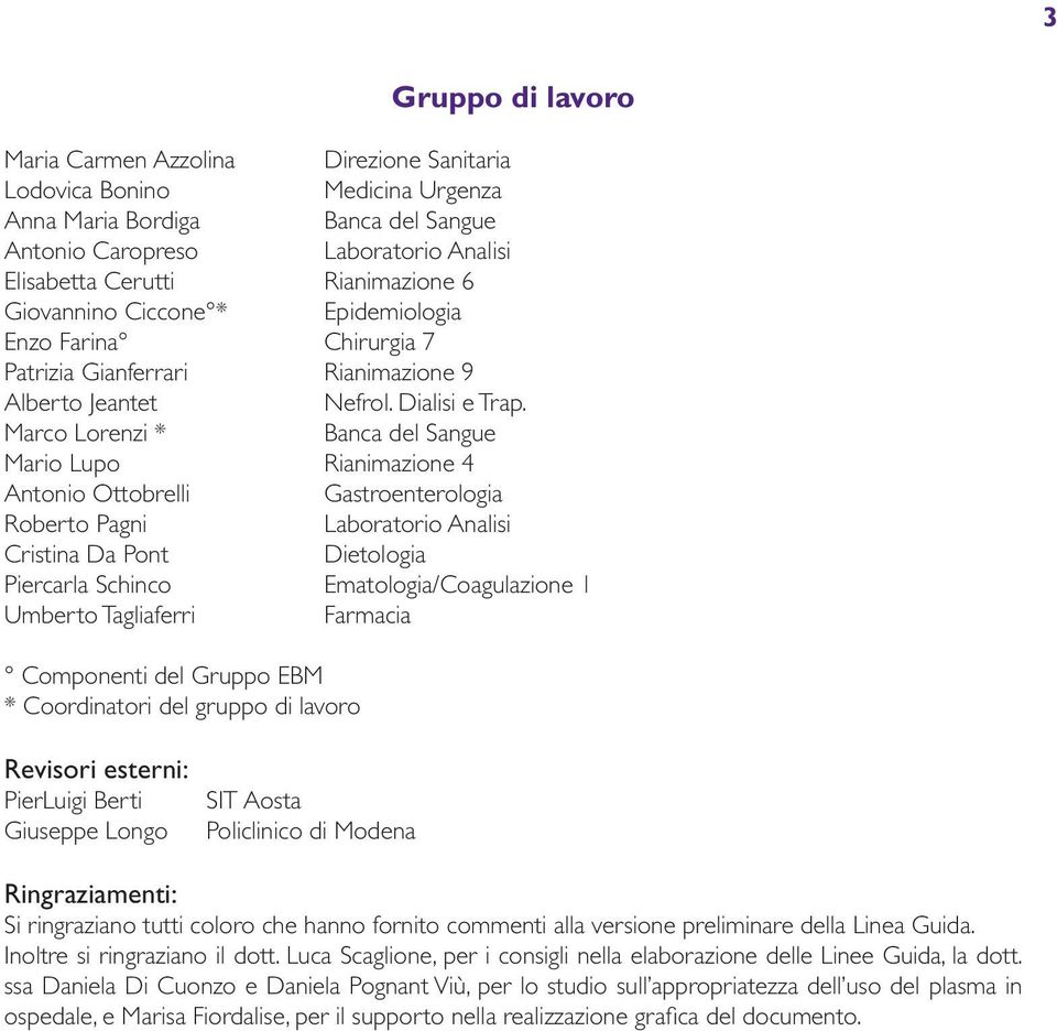 Marco Lorenzi * anca del Sangue Mario Lupo Rianimazione 4 Antonio Ottobrelli Gastroenterologia Roberto Pagni Laboratorio Analisi Cristina Da Pont Dietologia Piercarla Schinco Ematologia/Coagulazione