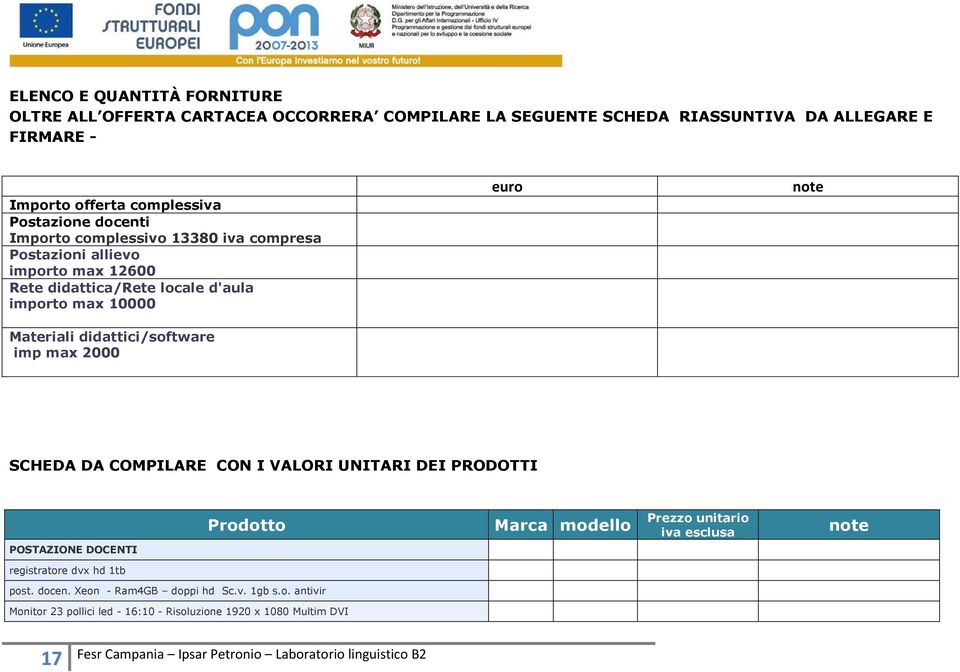 didattici/software imp max 2000 euro note SCHEDA DA COMPILARE CON I VALORI UNITARI DEI PRODOTTI POSTAZIONE DOCENTI Prodotto Marca modello Prezzo unitario iva