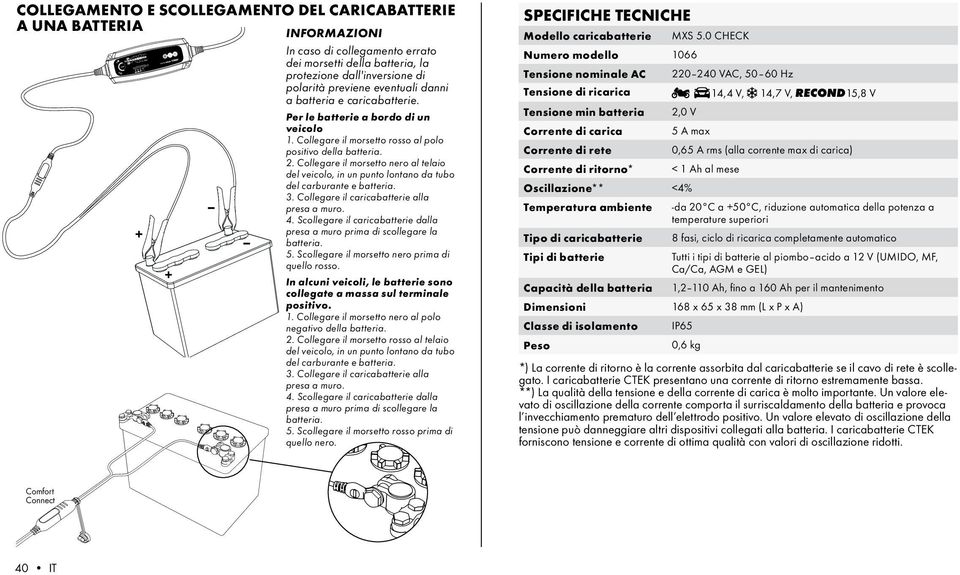 Collegare il morsetto rosso al polo positivo della batteria. 2. Collegare il morsetto nero al telaio del veicolo, in un punto lontano da tubo del carburante e batteria. 3.