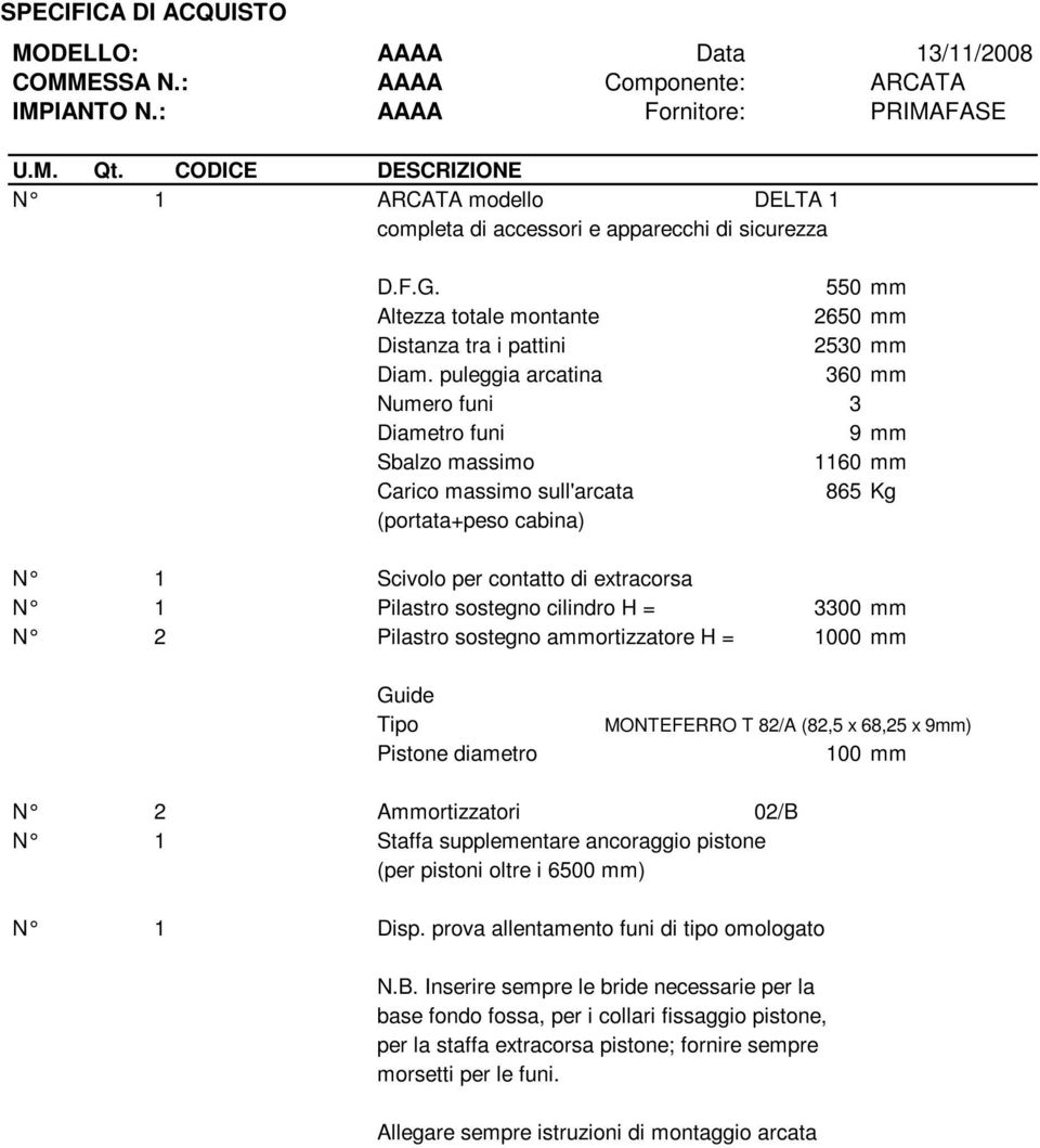 puleggia arcatina 360 mm Numero funi 3 Diametro funi 9 mm Sbalzo massimo 1160 mm Carico massimo sull'arcata 865 Kg (portata+peso cabina) N 1 Scivolo per contatto di extracorsa N 1 Pilastro sostegno