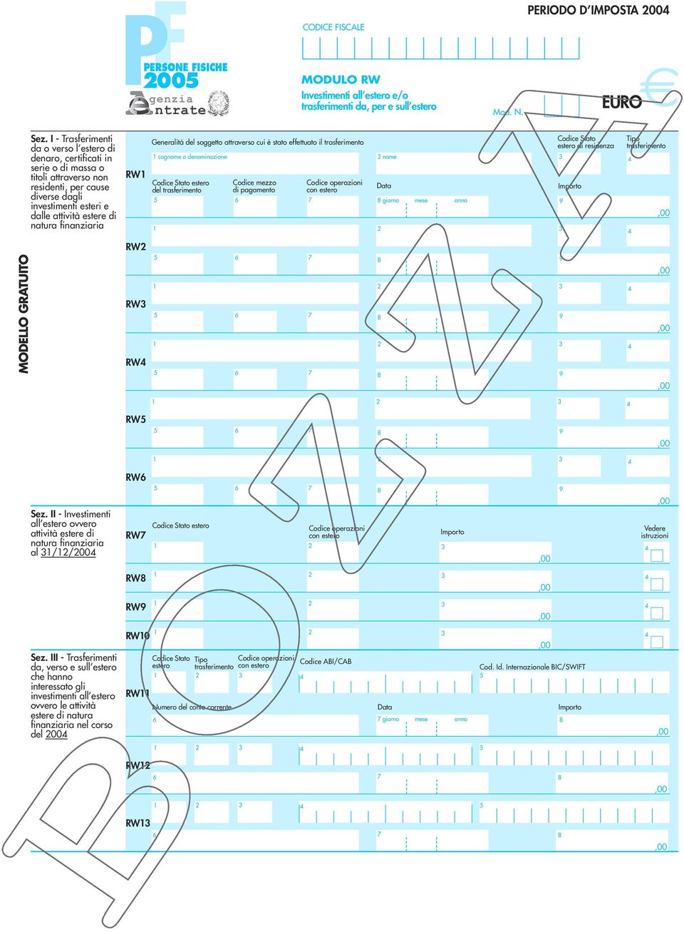 finanziaria RW Generalità del soggetto attraverso cui è stato effettuato il trasferimento cognome o denominazione Codice Stato estero del trasferimento 5 Codice mezzo di pagamento 6 7 Codice