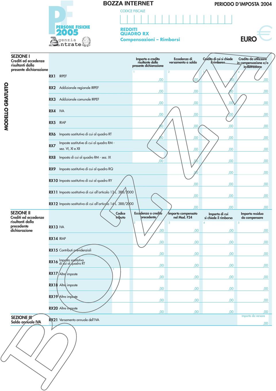 GRATUITO RX RX3 RX4 RX5 Addizionale regionale IRPEF Addizionale comunale IRPEF IVA IRAP RX6 RX7 Imposta sostitutiva di cui al quadro RT Imposte sostitutive di cui al quadro RM - sez.