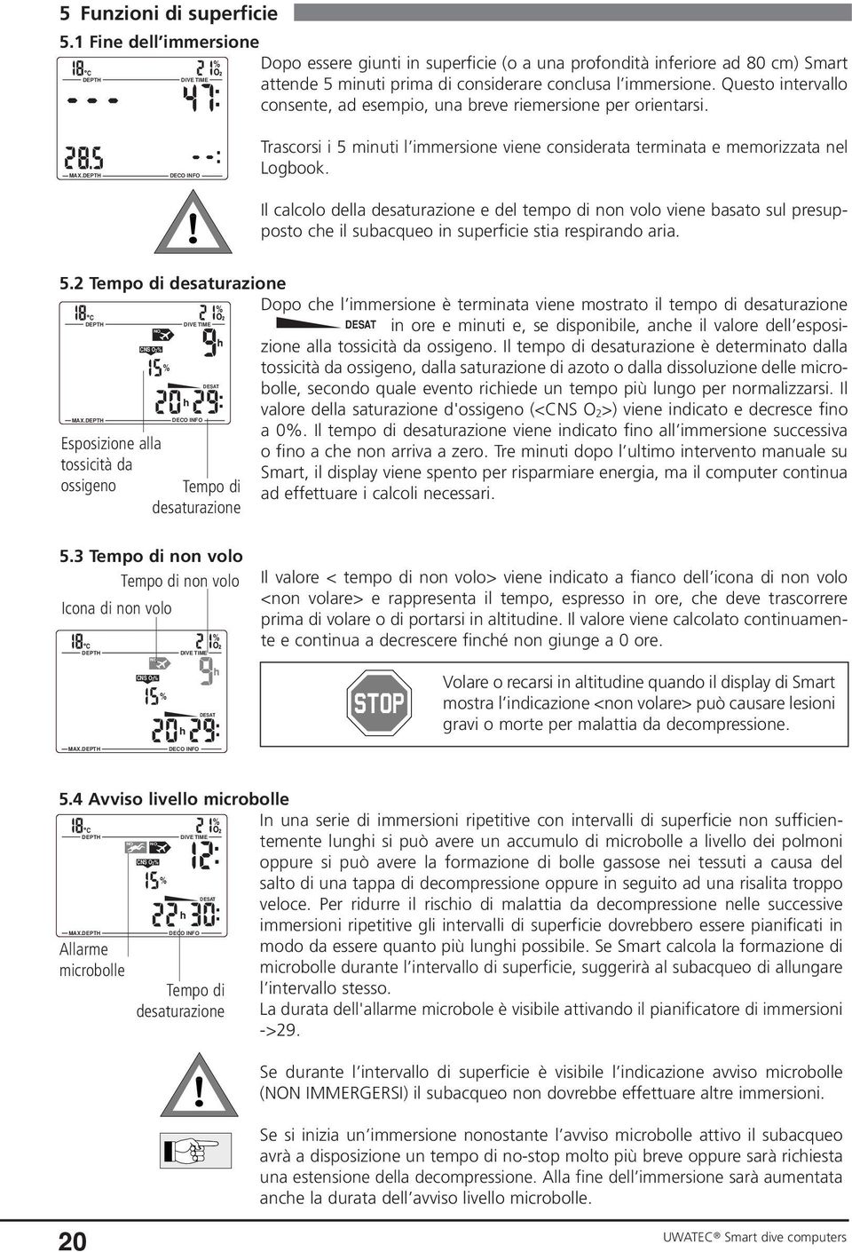 Questo intervallo consente, ad esempio, una breve riemersione per orientarsi. MAX.DEPTH Trascorsi i 5 minuti l immersione viene considerata terminata e memorizzata nel Logbook.