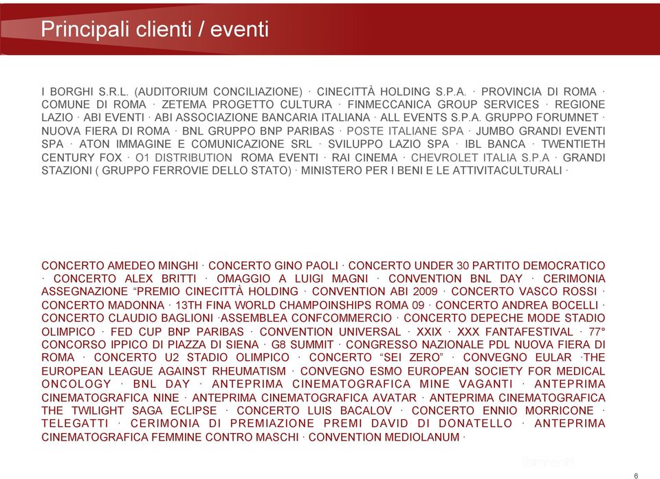 P.A. GRUPPO FORUMNET NUOVA FIERA DI ROMA BNL GRUPPO BNP PARIBAS POSTE ITALIANE SPA JUMBO GRANDI EVENTI SPA ATON IMMAGINE E COMUNICAZIONE SRL SVILUPPO LAZIO SPA IBL BANCA TWENTIETH CENTURY FOX O1