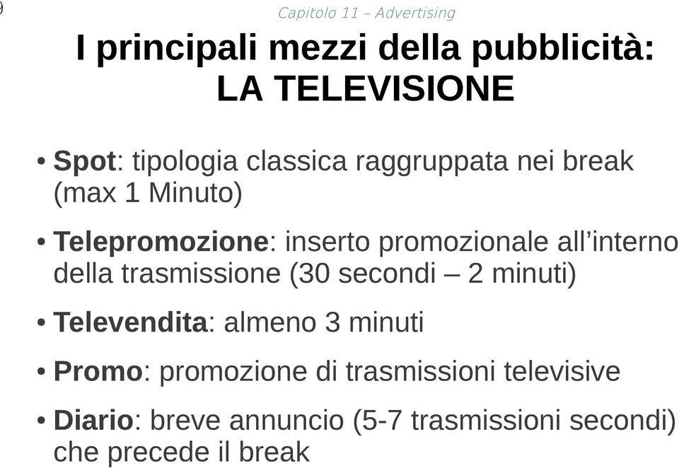 interno della trasmissione (30 secondi 2 minuti) Televendita: almeno 3 minuti Promo: