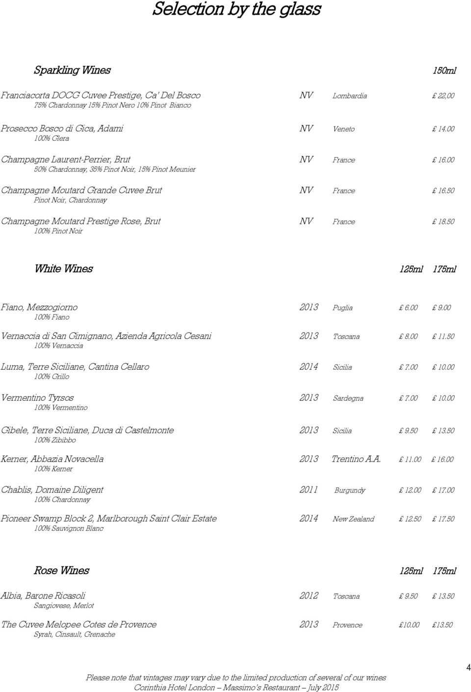 50 Pinot Noir, Chardonnay Champagne Moutard Prestige Rose, Brut NV France 18.50 White Wines 125ml 175ml Fiano, Mezzogiorno 2013 Puglia 6.00 9.