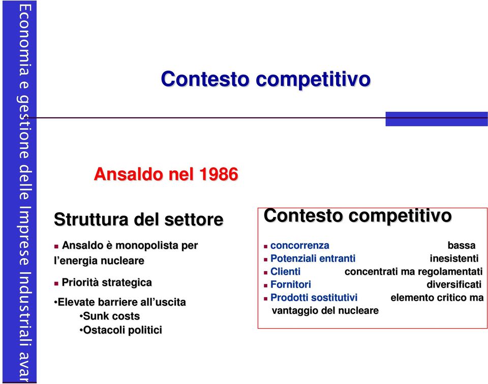 Contesto competitivo concorrenza bassa Potenziali entranti inesistenti Clienti concentrati ma