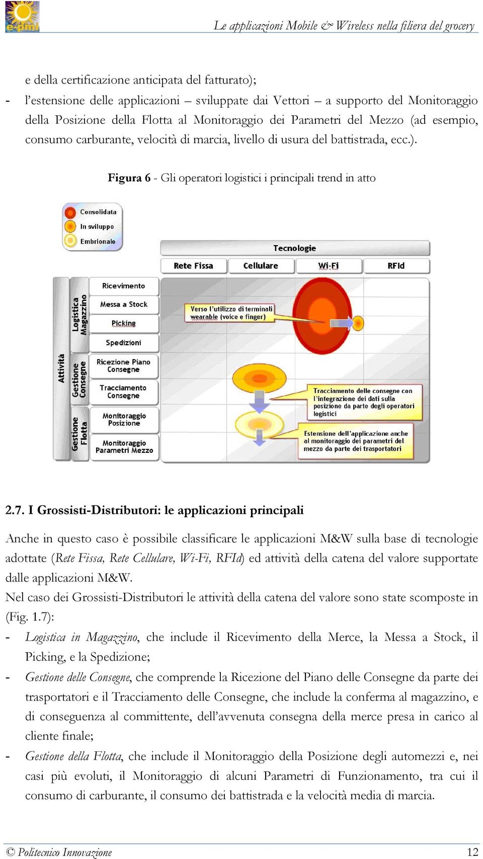 I Grossisti-Distributori: le applicazioni principali Anche in questo caso è possibile classificare le applicazioni M&W sulla base di tecnologie adottate (Rete Fissa, Rete Cellulare, Wi-Fi, RFId) ed